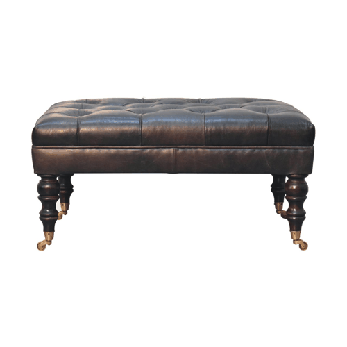 Sutton Buffalo Leather Ash Black Tufted Ottoman with Castor Legs