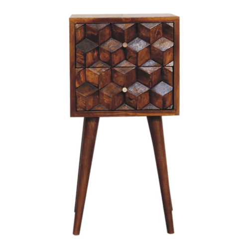 Small Chestnut Cube Carved 2 Drawer Nightstand
