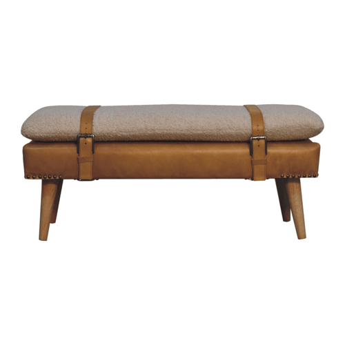 Bouclé Montauk Buffalo Hide Tan Leather Bench