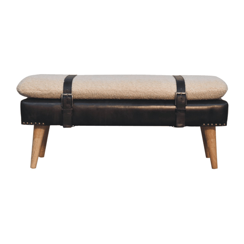 Bouclé Montauk Buffalo Hide Black Leather Bench
