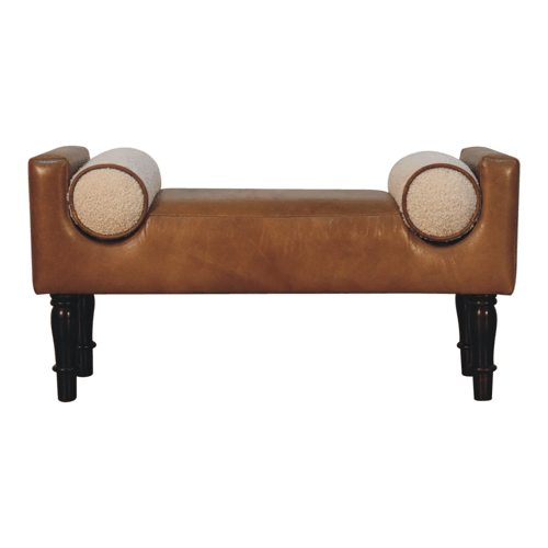 Sutton Buffalo Leather Bench with Round Bouclé Cushions