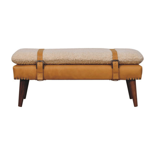 Bouclé Montauk Tan Leather Belted Solid Wood Bench