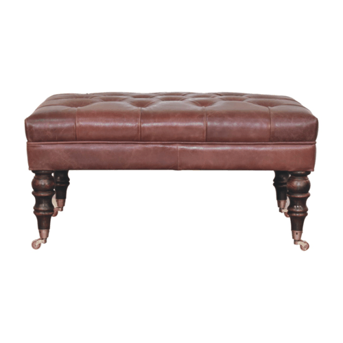 Sutton Buffalo Leather Brown Tufted Ottoman with Castor Legs