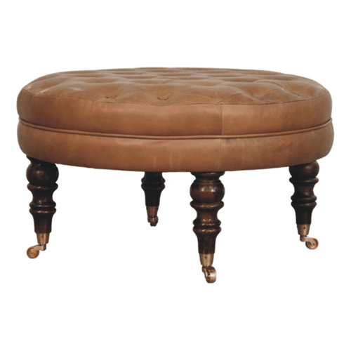 Sutton Buffalo Leather Round Tufted Ottoman