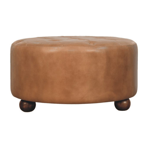 Sutton Buffalo Leather Brown Round Tufted Ottoman