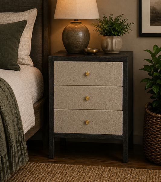Black Ash Faux Leather 3 Drawer Nightstand