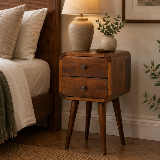 Small Chestnut Curved Double Drawer Nightstand