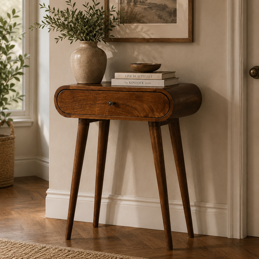 Small Chestnut Wood Rounded 1 Drawer Console