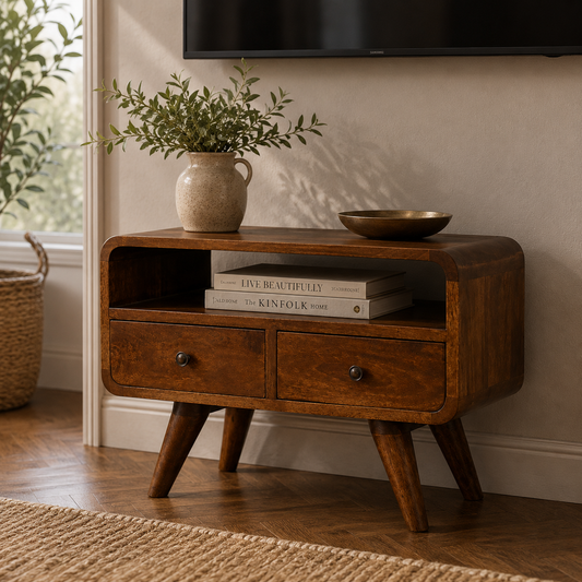 Small Chestnut Curved Media Unit with Shelf