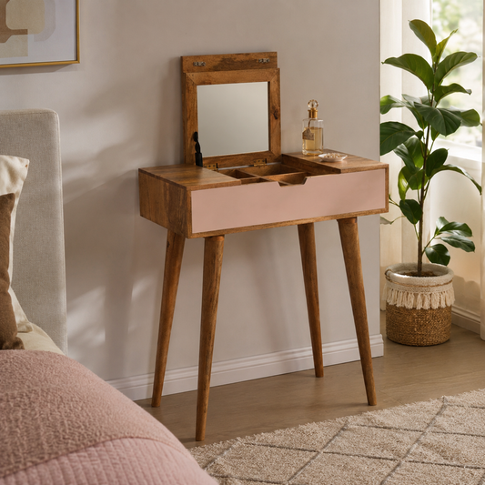Small Oak Wood Blush Pink Fold Top Vanity