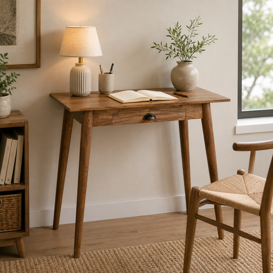 Small Oak Wood 1 Drawer Nordic Study Desk