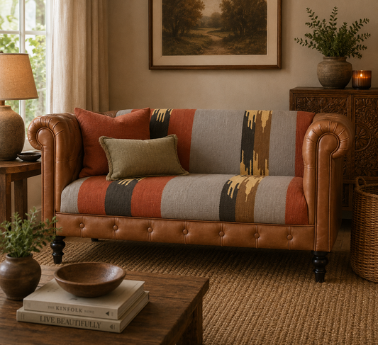 Sutton Buffalo Leather Durrie Mixed Upholstery Sofa