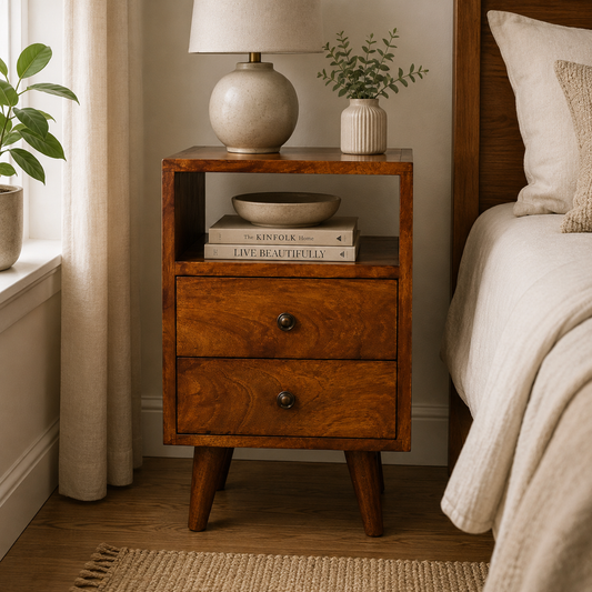 Small Chestnut Wood Classic 2 Drawer Nightstand
