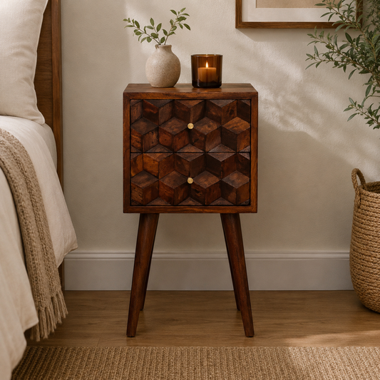 Small Chestnut Cube Carved 2 Drawer Nightstand