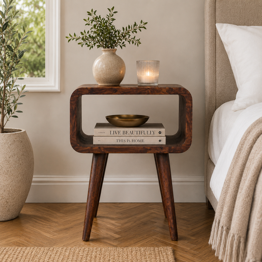 Small Chestnut Curved Open Cubby Nightstand