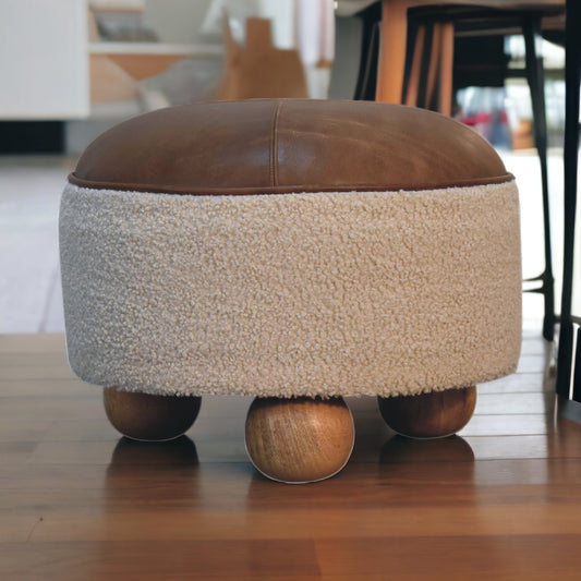 Bouclé Montauk Buffalo Leather Round Footstool