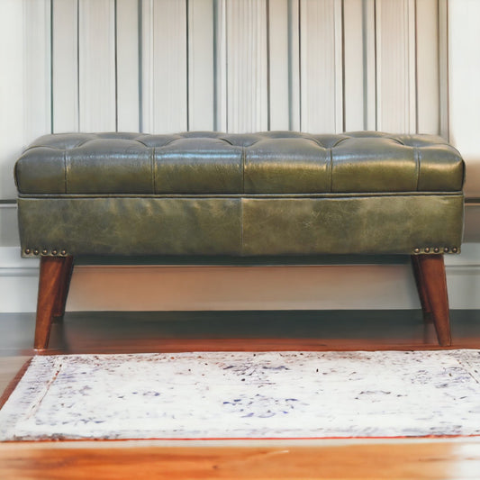 Sutton Buffalo Leather Olive Green Tufted Bench