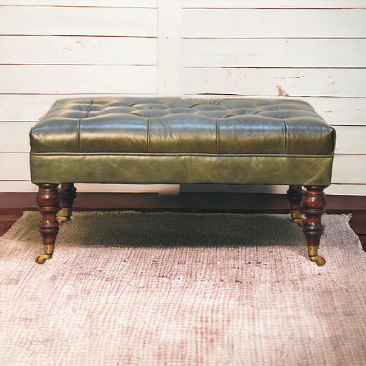 Sutton Buffalo Leather Green Tufted Ottoman with Castor Legs