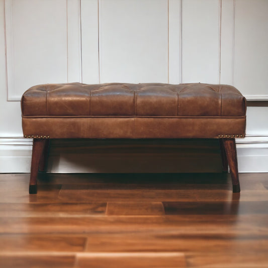 Sutton Buffalo Leather Brown Tufted Bench