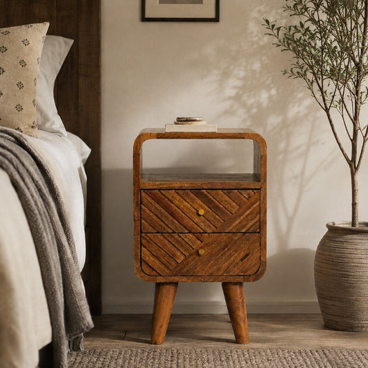 Small Oak Carved Line Curved Nightstand