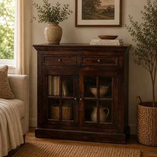 Warm Walnut Glass Display Storage Cupboard