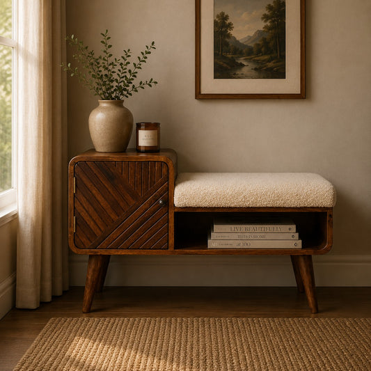 Bouclé Montauk Carved Chestnut Solid Wood Telephone Table Bench