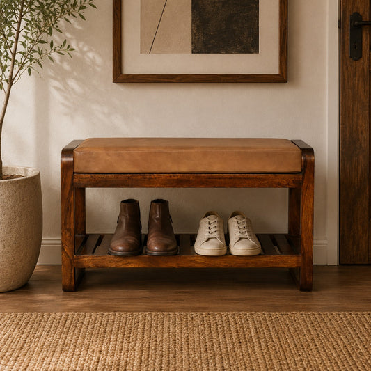Sutton Buffalo Leather Small Slatted Hallway Bench