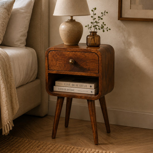 Small Honey Caramel Curved Low Shelf Bedside