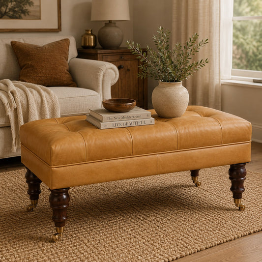 Sutton Buffalo Leather Honey Caramel Tufted Ottoman