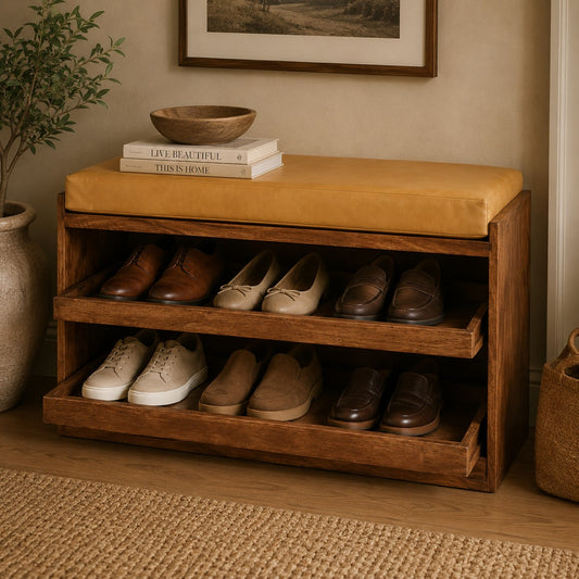 Sutton Buffalo Leather Honey Caramel Shoe Storage Bench