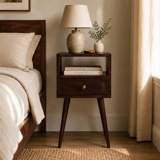 Small Walnut 1 Drawer Open Shelf Nightstand