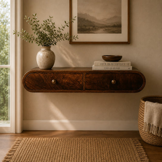 Walnut Curved 2 Drawer Floating Console Table