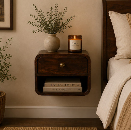 Small Walnut Wood Curved Floating Nightstand