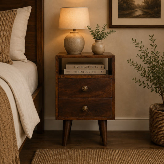 Small Walnut Wood Mid Century 2 Drawer Nightstand