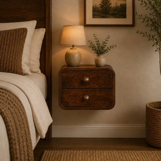 Small Walnut Curved 2 Drawer Wall Nightstand