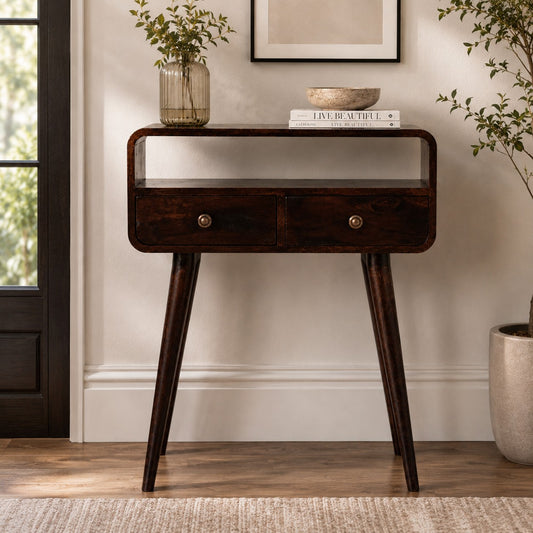 Small Walnut Curved 2 Drawer Console Table