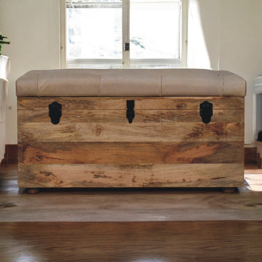 Sutton Buffalo Leather Beige Tufted Storage Trunk Bench
