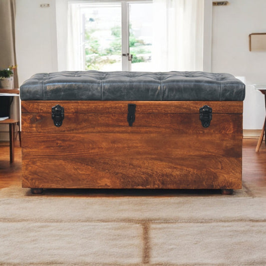 Sutton Buffalo Leather Black Tufted Storage Trunk Bench