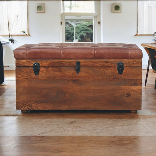 Sutton Buffalo Leather Brown Tufted Storage Trunk