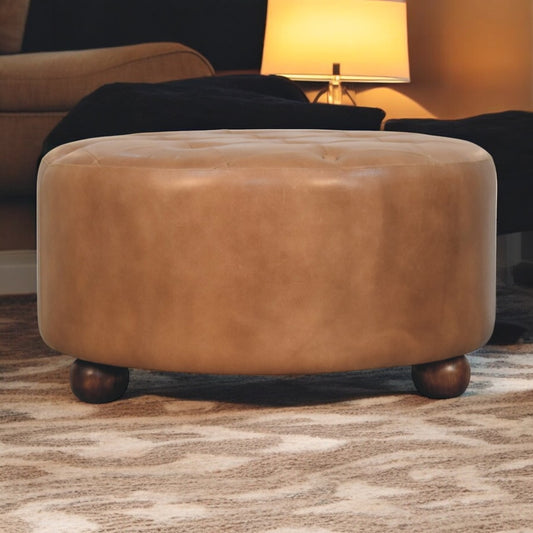 Sutton Buffalo Leather Brown Round Tufted Ottoman