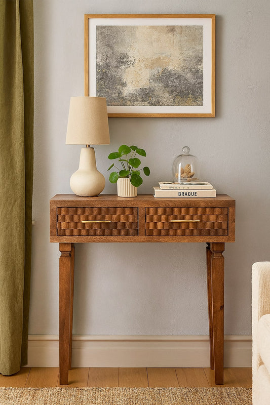 Santa Fe Carved Teak 2 Drawer Console Table