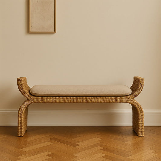 Bouclé Montauk Rattan Weave Solid Wood Bench
