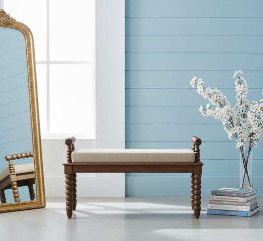 Savannah Spindle Amber Linen Upholstered Bench
