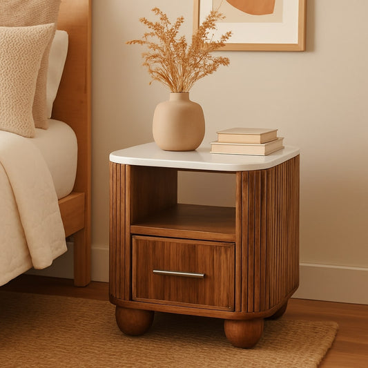 Beacon Teak Fluted 1 Drawer Marble Nightstand