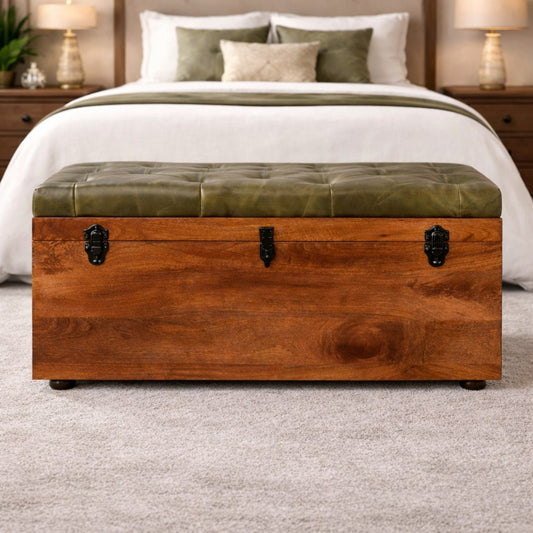 Sutton Buffalo Leather Green Storage Bench