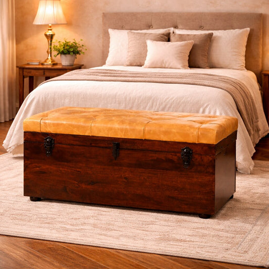 Sutton Buffalo Leather Tan Walnut Storage Trunk Bench