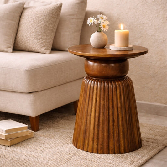 Taos Amber Oak Round Fluted Side Table