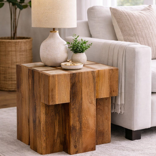 Beacon Travertine Top Block Accent Side Table