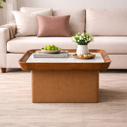 Beacon Oak Marble Top Woven Chatai Coffee Table