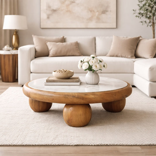 Beacon Oak Round Marble Ball Feet Coffee Table